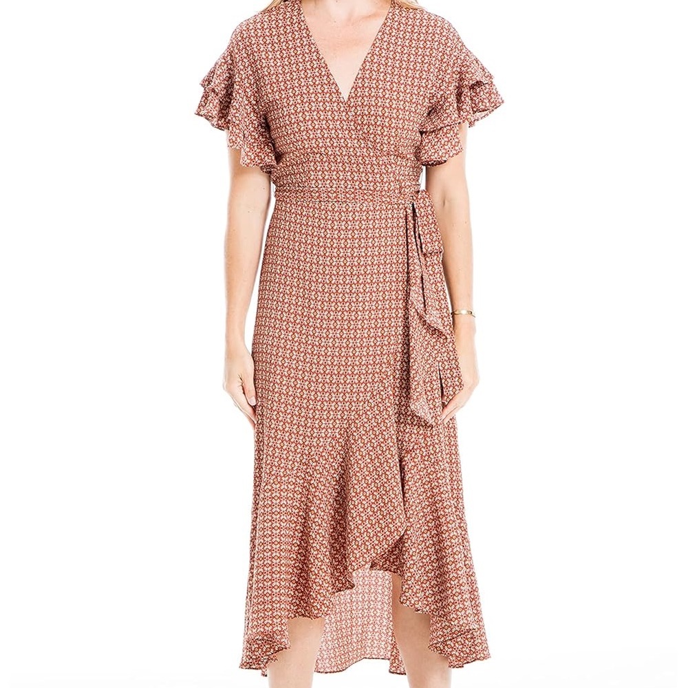 Max Studio Asymmetrical Crepe Wrap Dress With Geometric Pattern